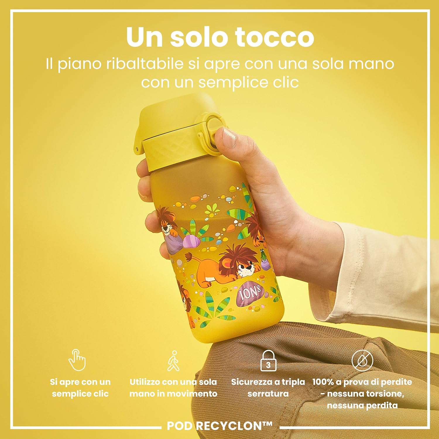Detalle de Ion8 Borraccia per Bambini 350 ml – a Prova di Perdite, con maniglia e chiusura sicura (Cuccioli di Leone)