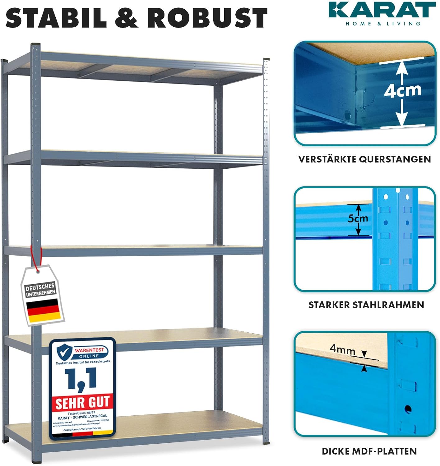 Thumbnail 2 de KARAT Schwerlastregal, 2er Set, 50 x 100 x 200 cm – 5 verstellbare Böden, Grau
