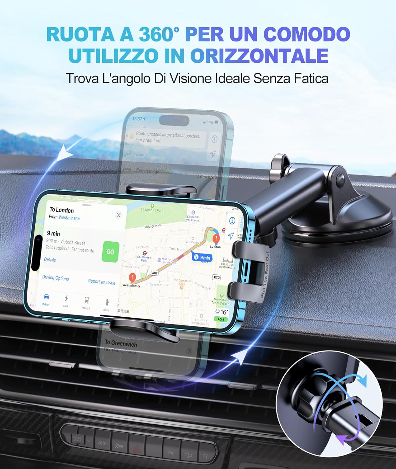 Thumbnail 4 de CIRYCASE Porta Cellulare Auto con ventosa extra-larga 360° ruotabile per smartphone 4–7