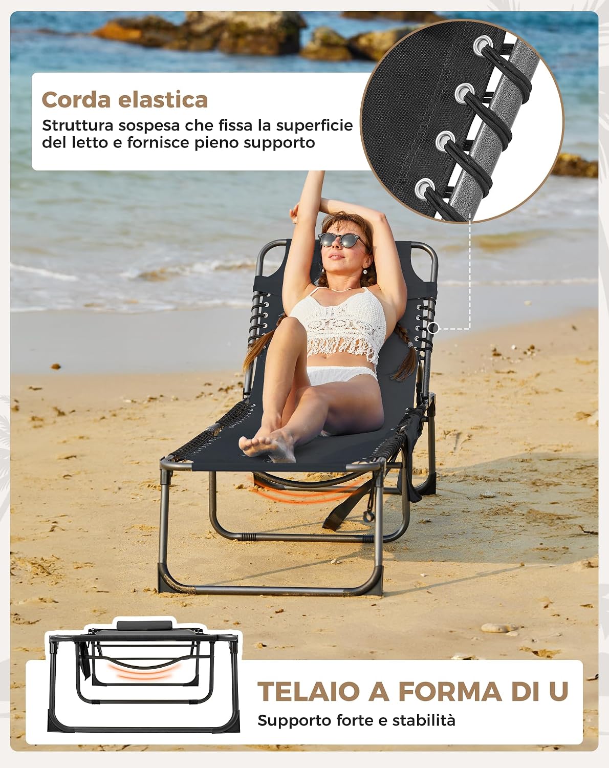 Detalle de KingCamp Set di 2 lettini prendisole pieghevoli con cuscini e tasche, lettini da giardino pieghevoli per spiaggia e giardino, capacità 180 kg