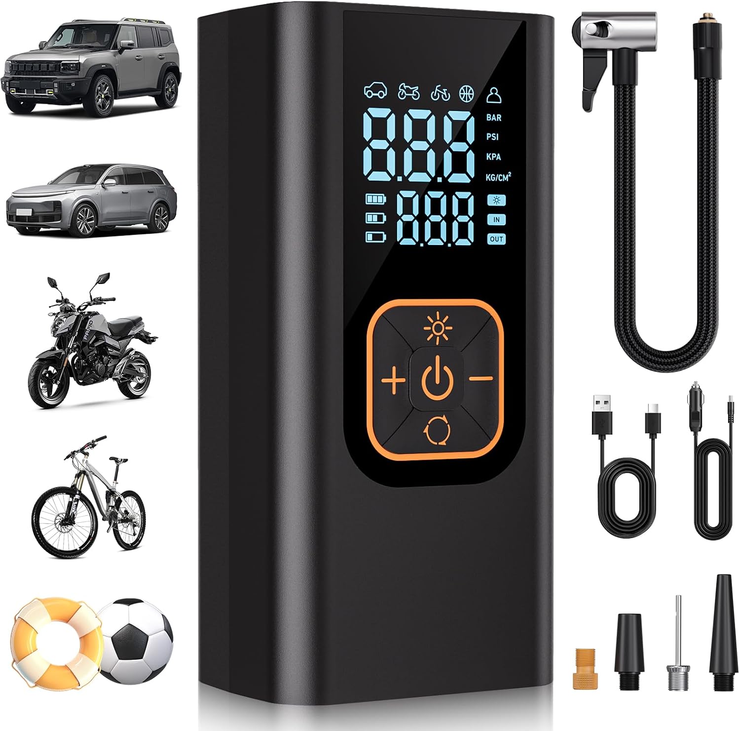 Detalle de QKMPOM L206 Portable Tire Inflator, 180 PSI, Digital Gauge and LED Light