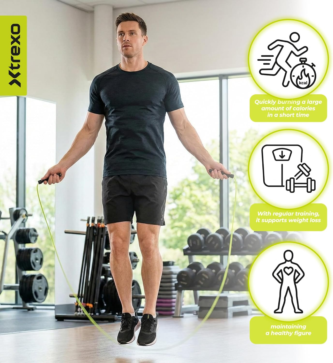 Detalle de TREXO Basic Corde à sauter Fitness – longueur ajustable jusqu’à 275 cm, légère et confortable