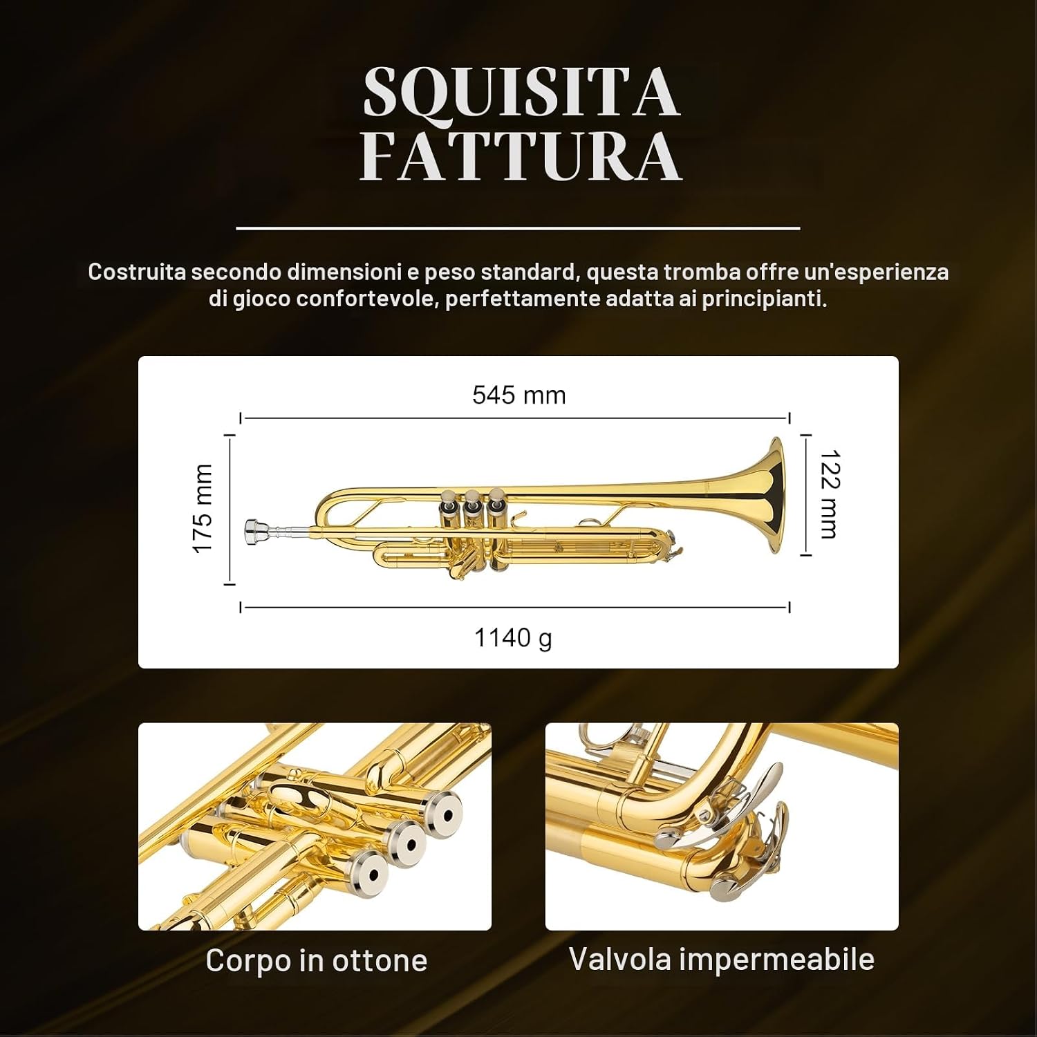 Detalle 2 de SONICAKE Tromba Bb Standard per Principianti – kit completo in ottone dorato con bocchino 7C e custodia rigida