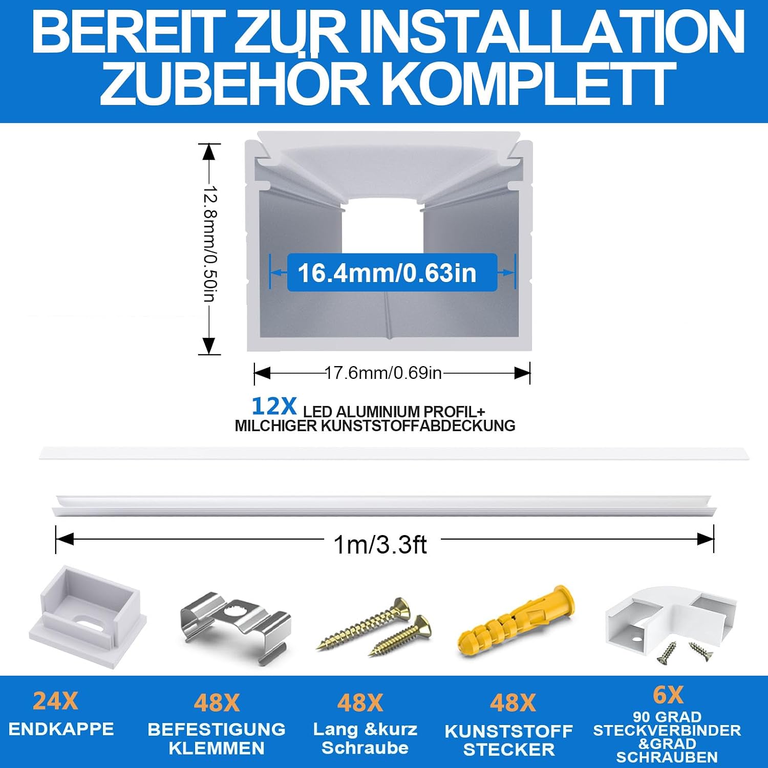 Thumbnail 2 de 12er Pack U-förmige LED-Kanalprofile aus Aluminium für bis zu 16 mm Streifen – milchweiße Diffusorabdeckung