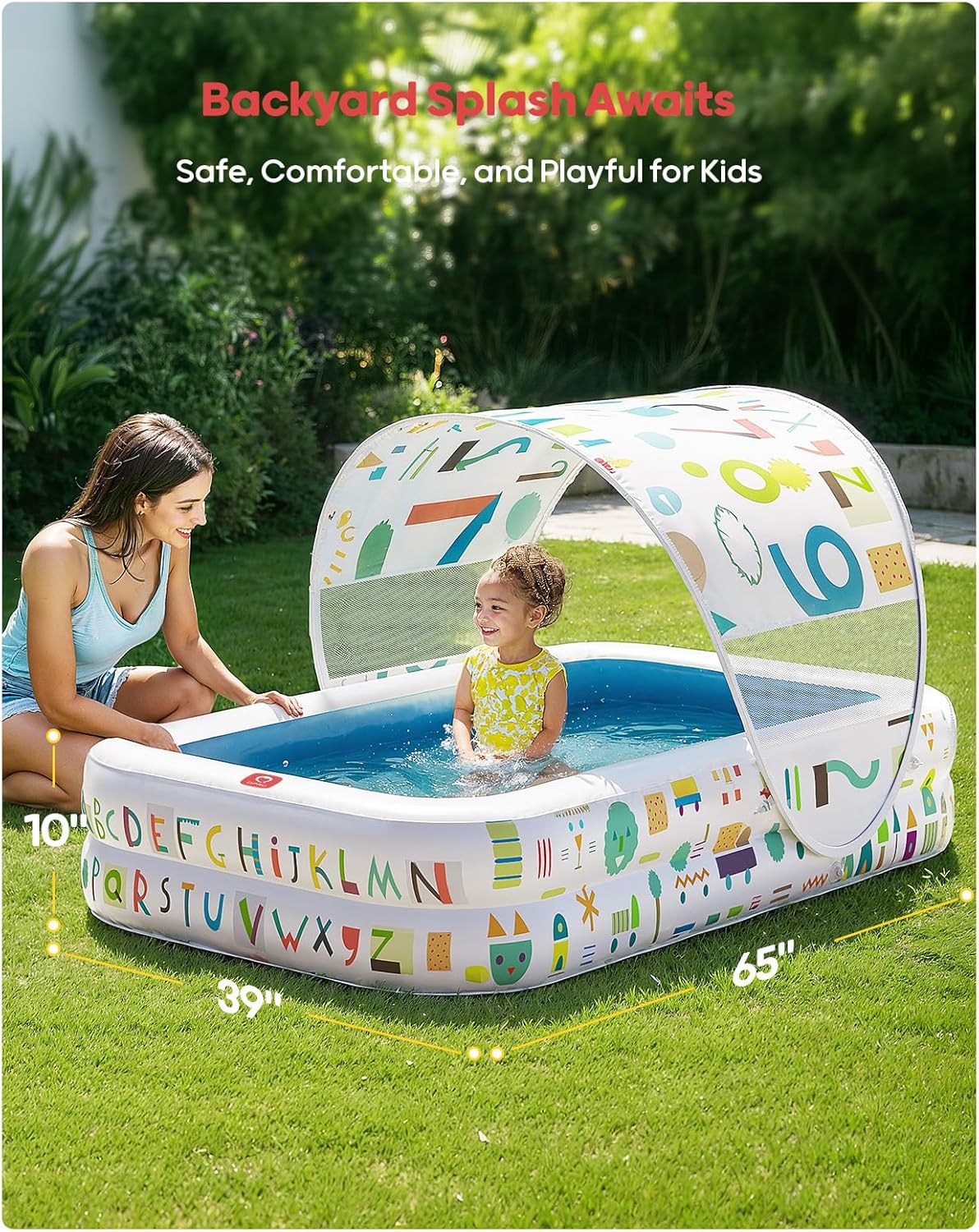 Thumbnail 1 de QPAU Kiddie Pool 65" x 39" Inflatable Pool with Canopy