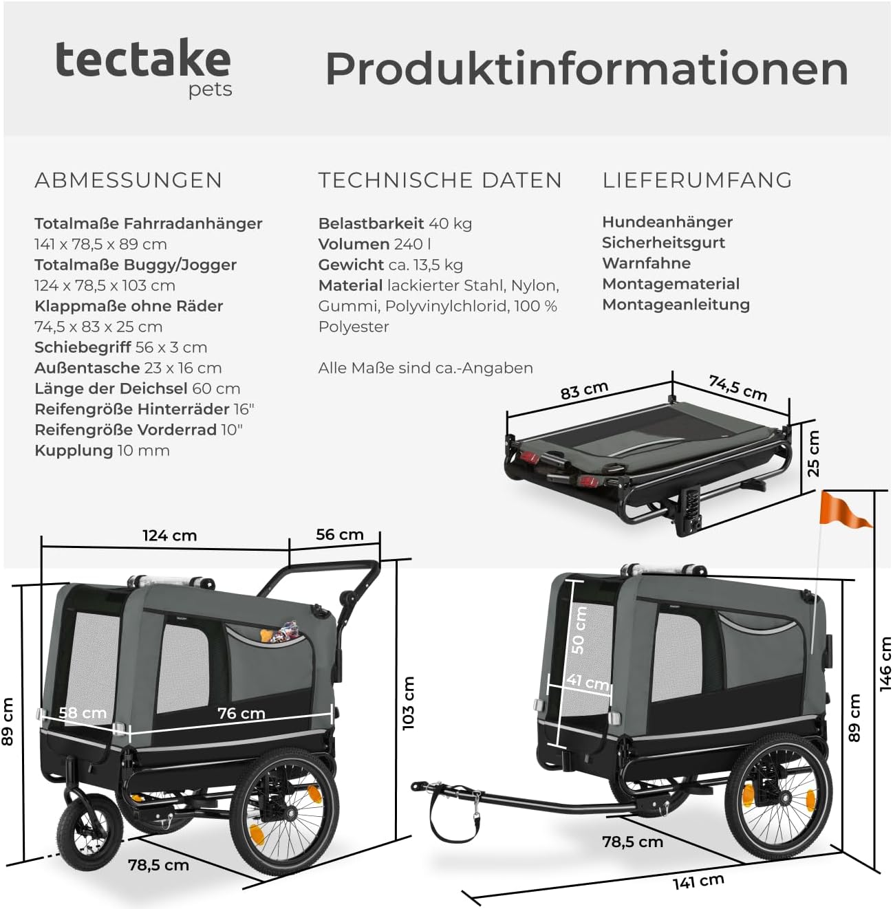 Detalle de tectake Fahrradanhänger multifunktional – Hundeanhänger, Jogger und Buggy, bis 40 kg, faltbar