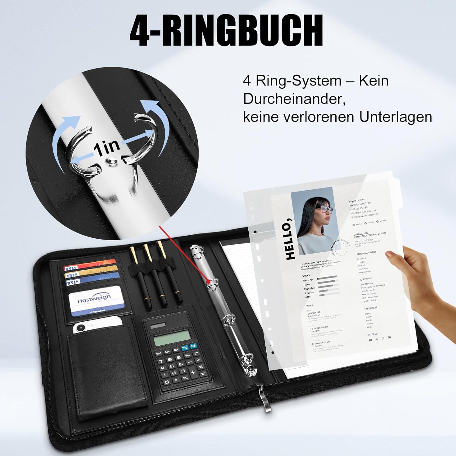 Thumbnail 6 de Leathario A4-Schreibmappe mit 4-Ringbuch, 5 Registern und Reißverschluss (DIN A4)