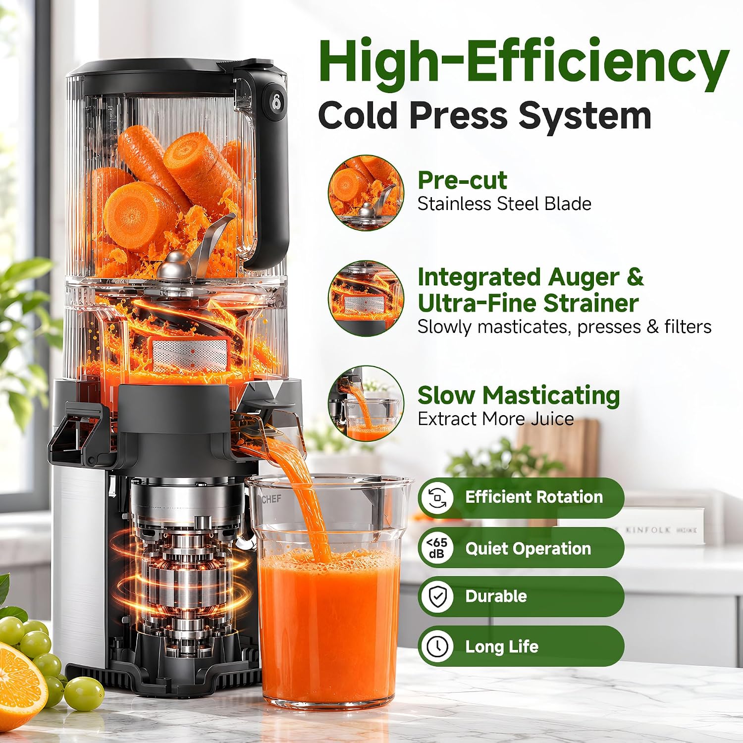 Detalle 2 de AMZCHEF ZM1939 3-in-1 Cold Press Juicer, 6.5-inch Chute, 600W