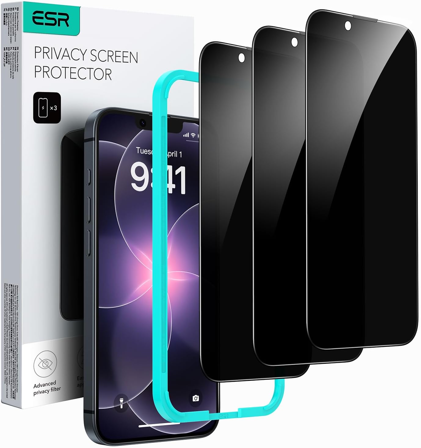 Detalle de ESR 3 Pack Privacy Screen Protector (for iPhone 17e/16e/14/13 & 13 Pro) – anti-spy tempered glass
