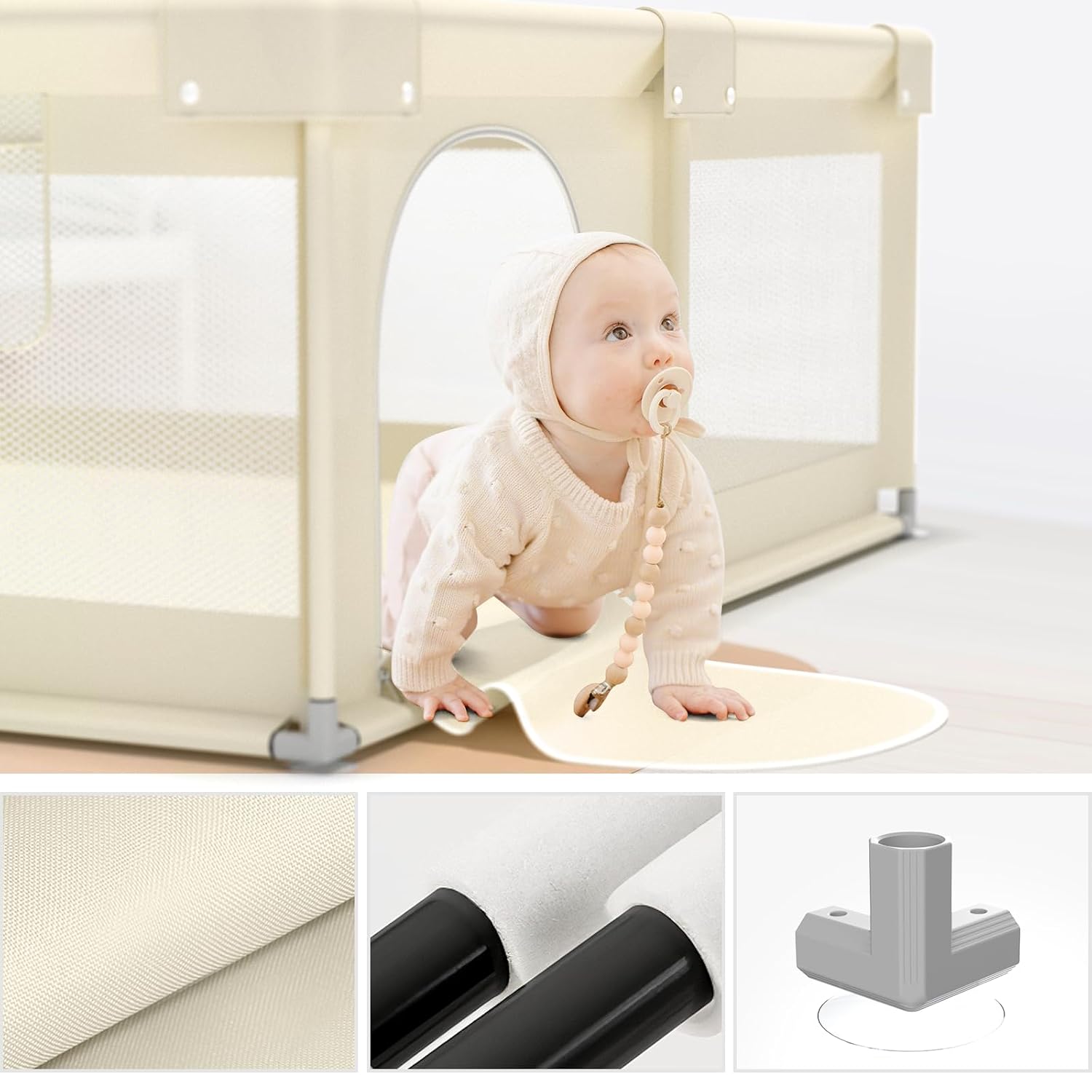 Detalle 2 de ZEEBABA 59 x 59 in Baby Playpen, Beige, Tool-Free Assembly