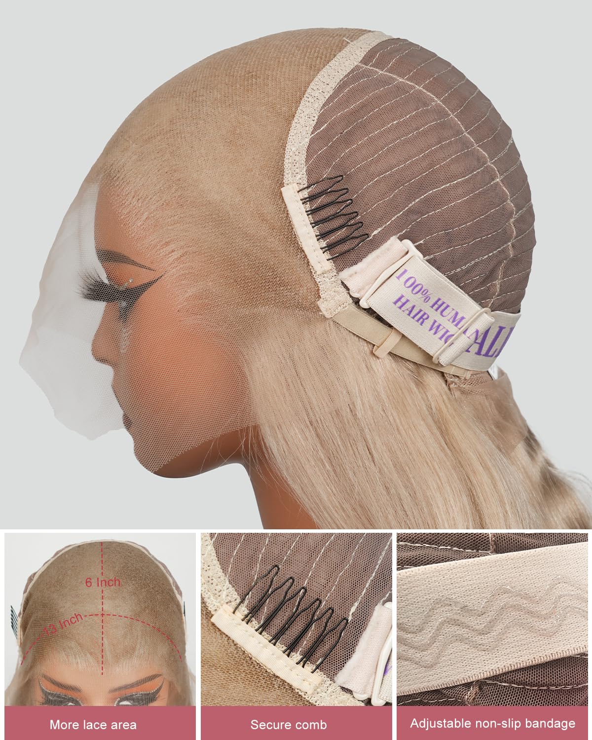 Detalle 2 de Alididi Ash Blonde Human Hair Wig (200% Density) 13x6 Body Wave HD Lace Front, Milk Tea Ash Blonde, 30 inch