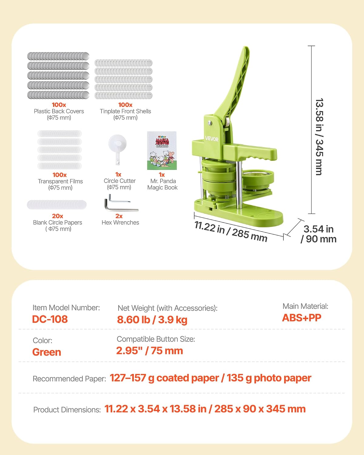 Thumbnail 6 de VEVOR DC-108 Button Maker, 3-Inch/75mm Press with 100 Button Parts