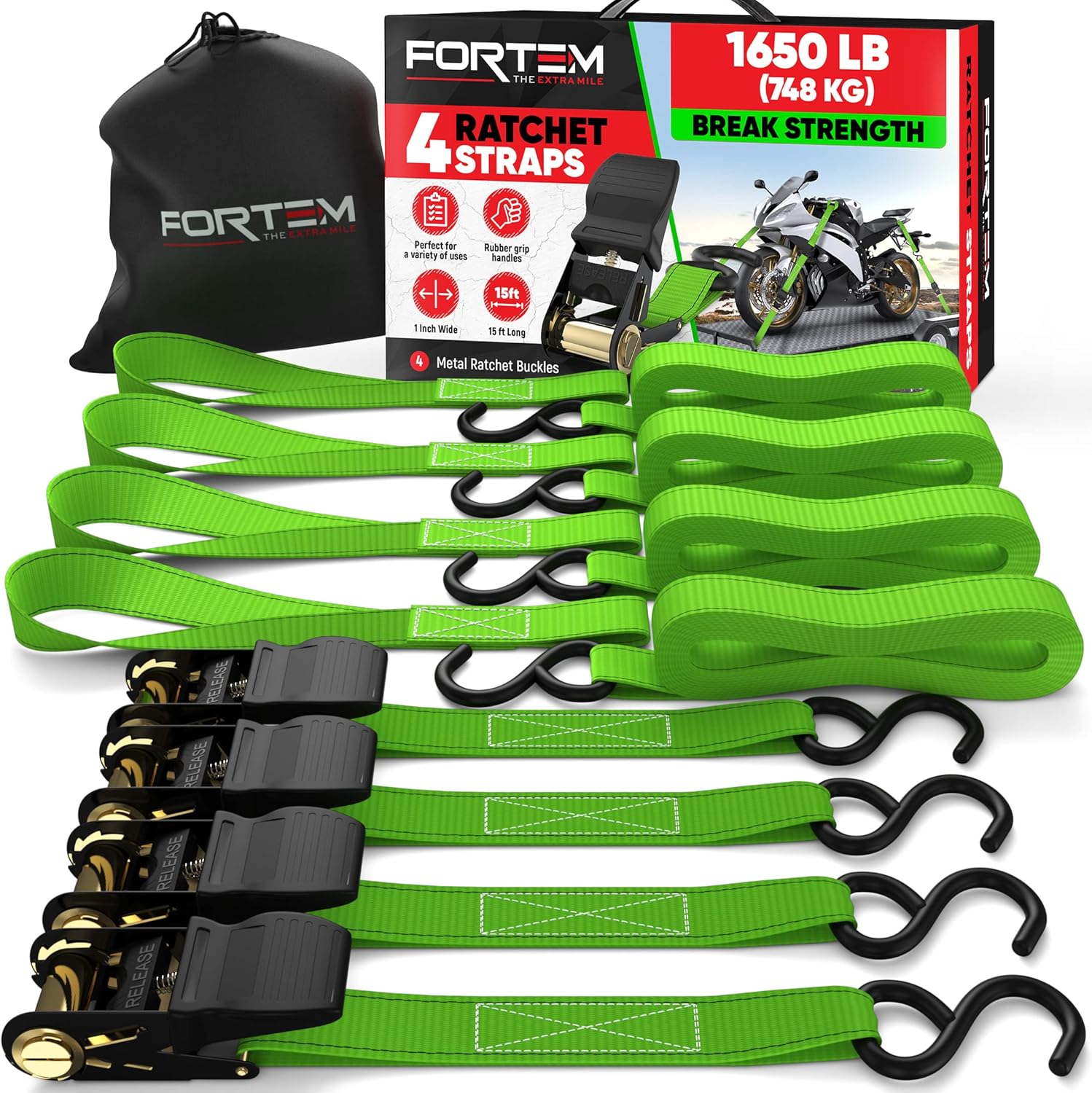 Detalle de FORTEM Ratchet Straps Tie Down Kit (4-pack) – 748kg break strength, 4.6m x 2.54cm straps