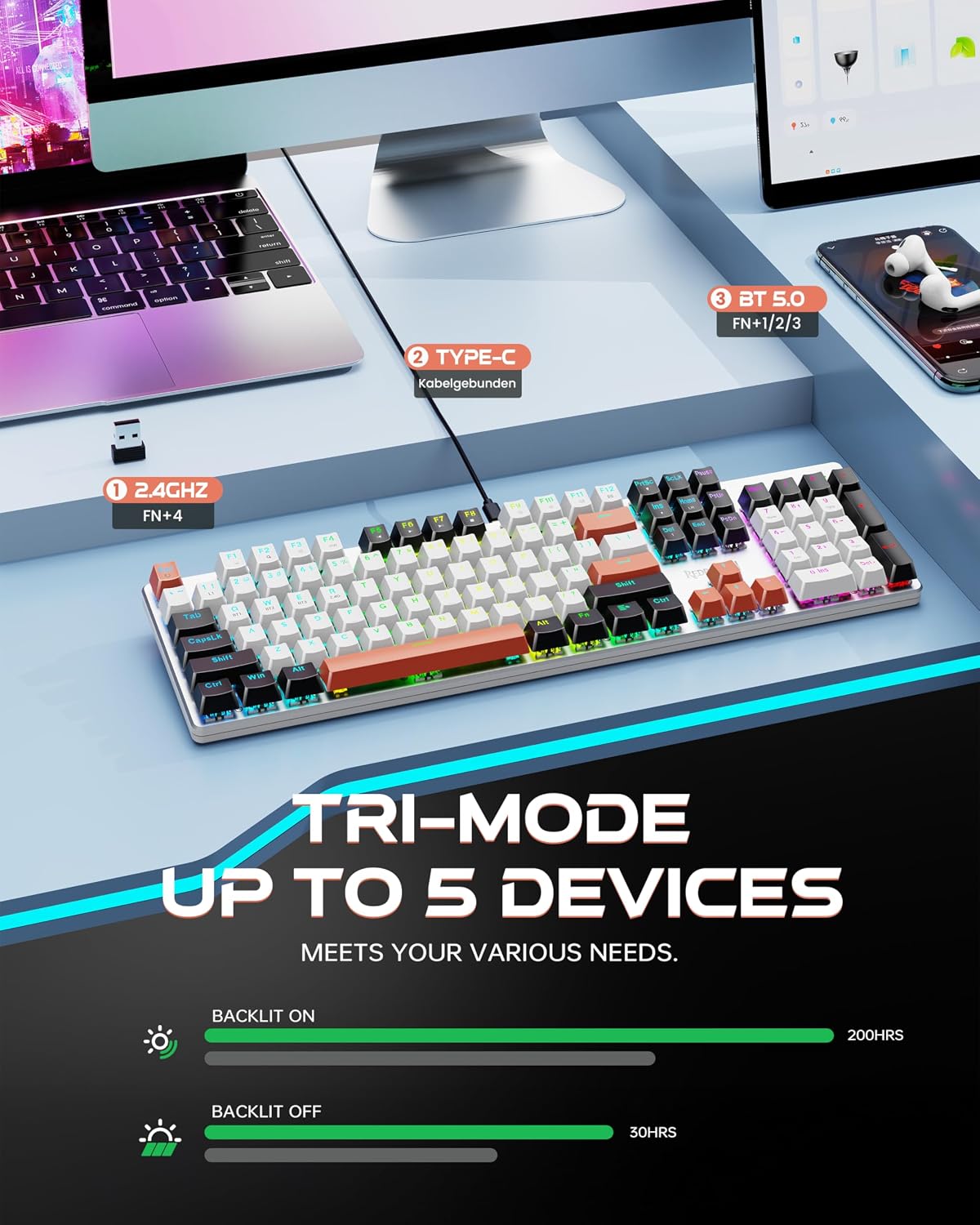 Thumbnail 1 de Redragon K671WBR-KS gaming keyboard, 3-mode