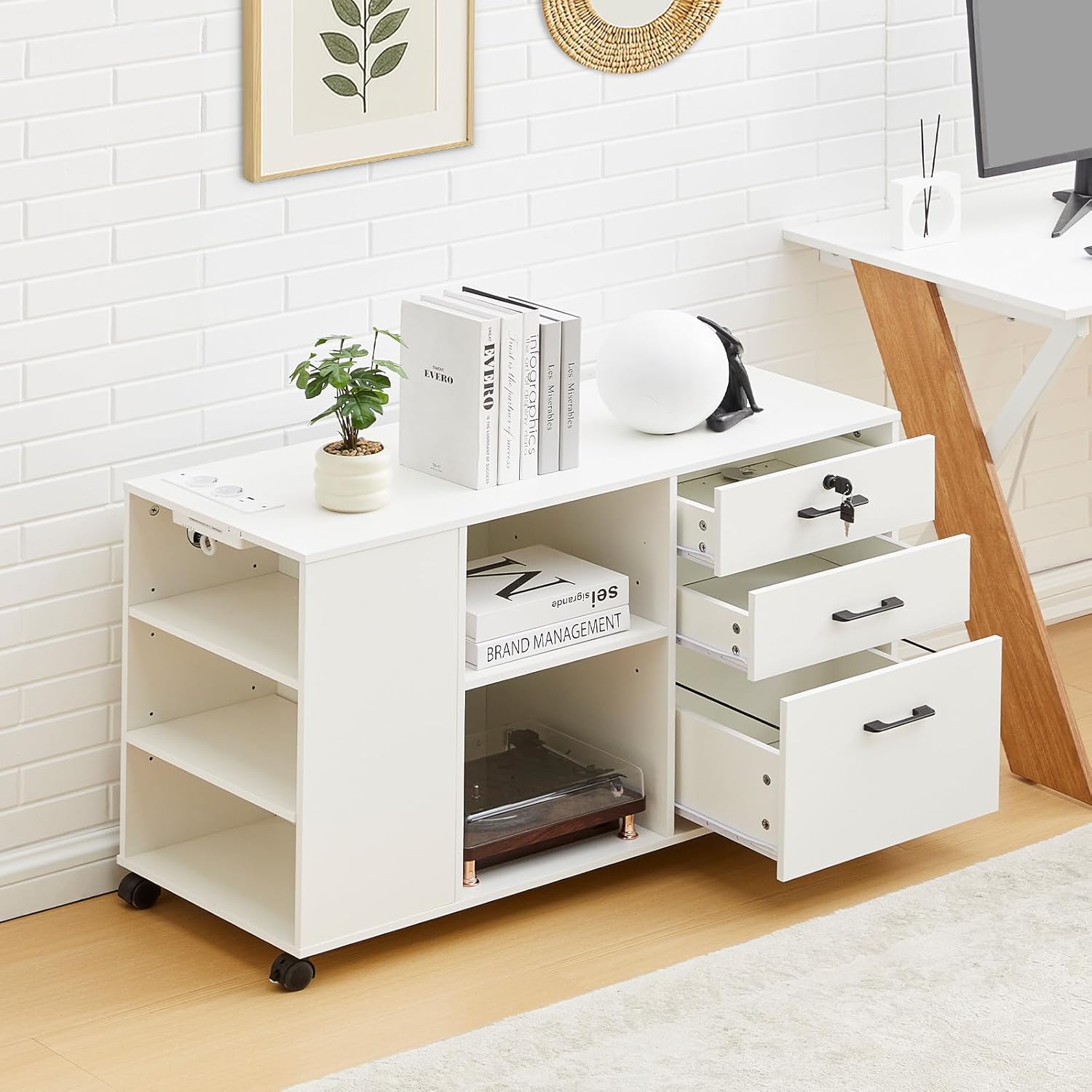 Thumbnail 1 de CLIPOP Rollcontainer abschließbar mit 5 Rollen, 3 Schubladen und Steckdose – mobiler Bürocontainer für Büro & Zuhause, weiß