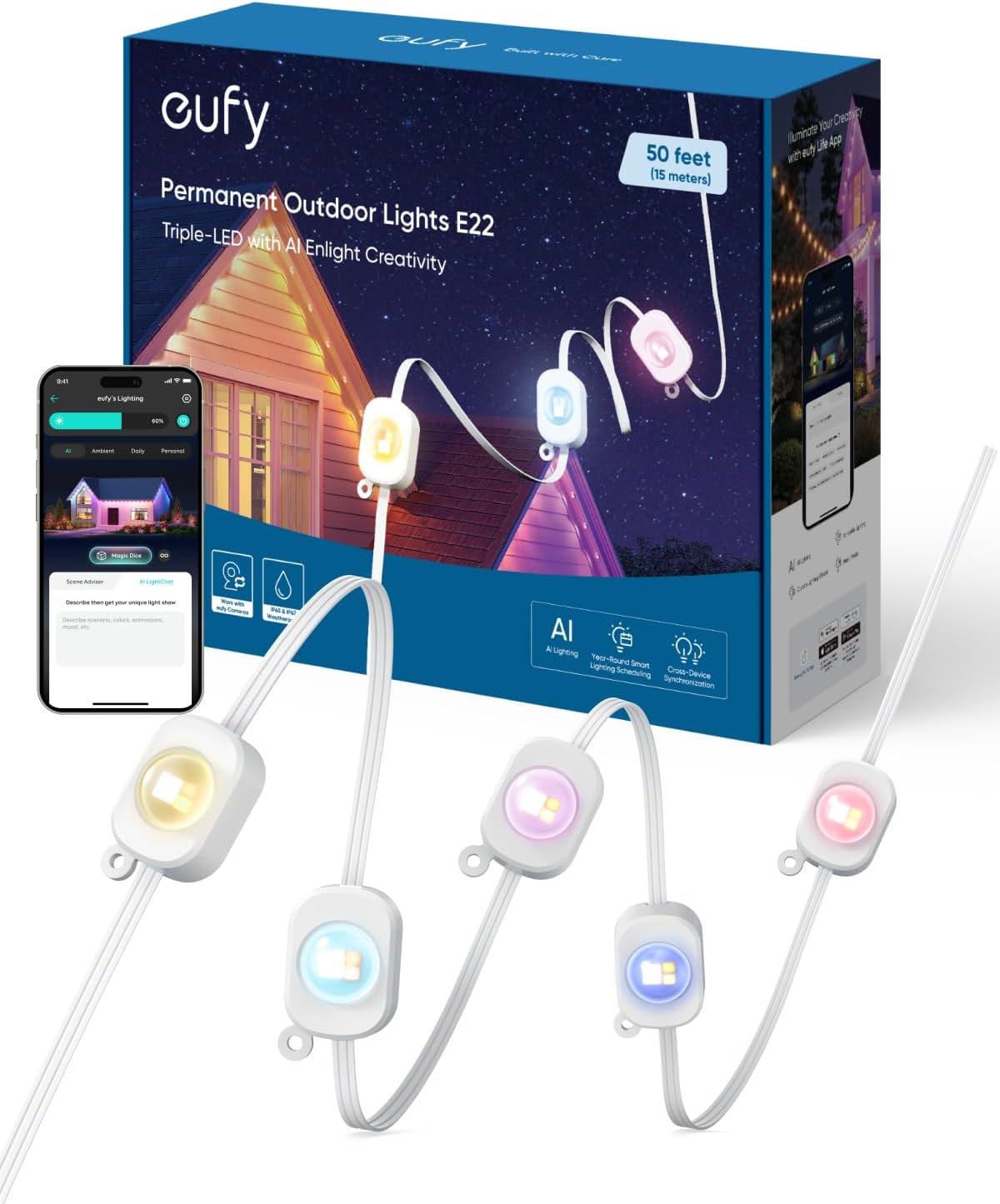 Detalle de eufy Security E22 T8L02 Permanent Outdoor Lights, 50 ft, 30 Triple-LEDs