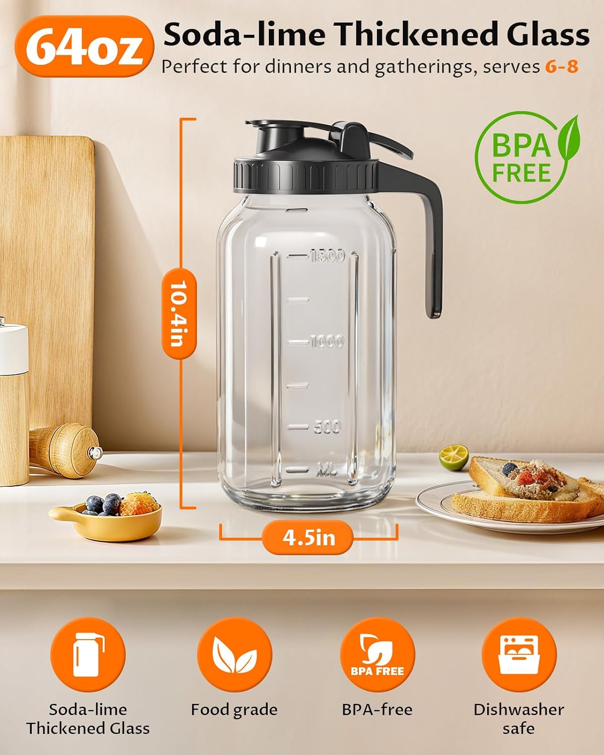 Thumbnail 2 de 64 oz Mason Jar Pitcher – Airtight & Leakproof Glass Pitcher with Lid
