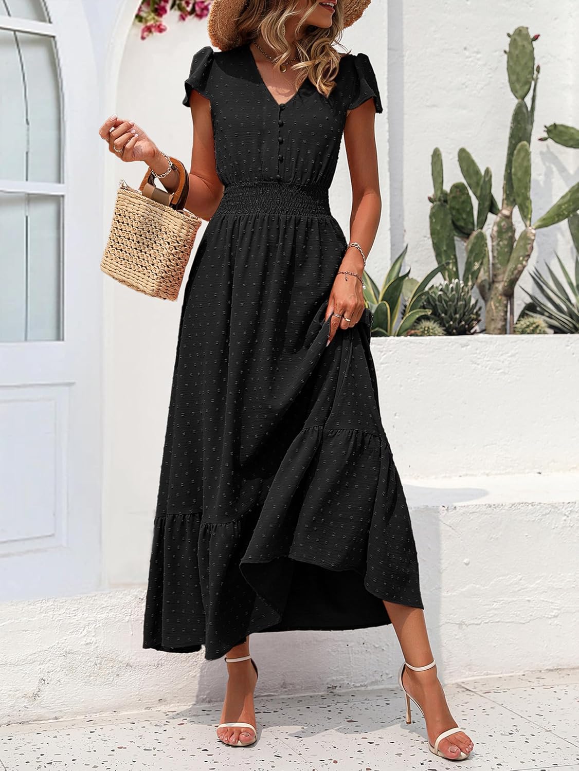 Detalle de PRETTYGARDEN 2026 Summer Maxi Dress — Boho Swiss Dot, V-Neck, Smocked Waist, Flowy Tiered Design