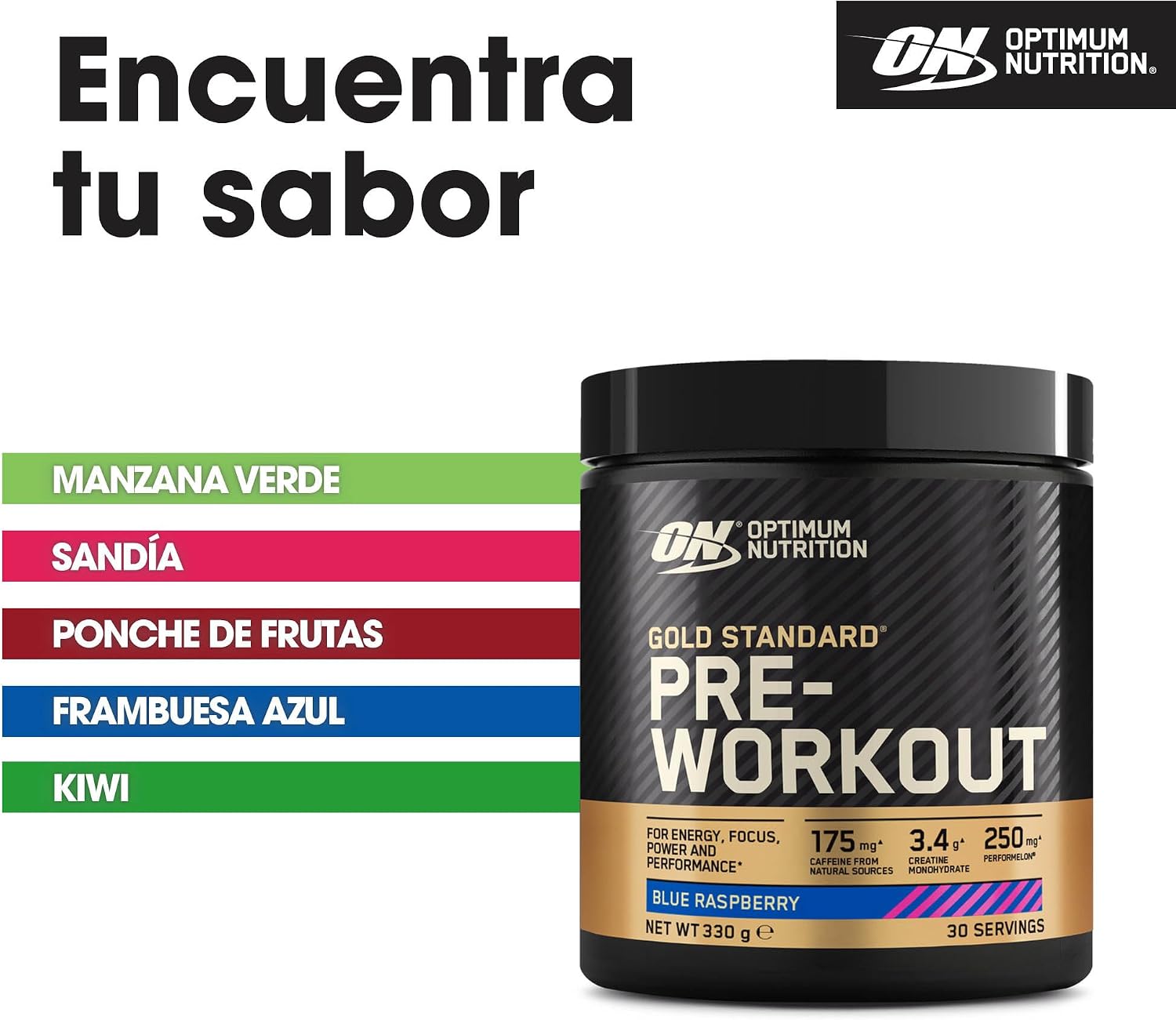 Detalle de Optimum Nutrition Gold Standard Pre-Entreno en polvo (frambuesa azul) 330 g, 30 servicios