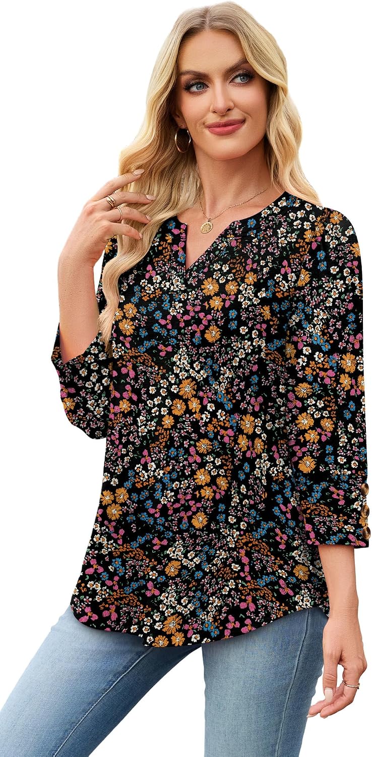 Detalle de WIHOLL 3/4 Length Sleeve V-Neck Blouse with Button Cuffs