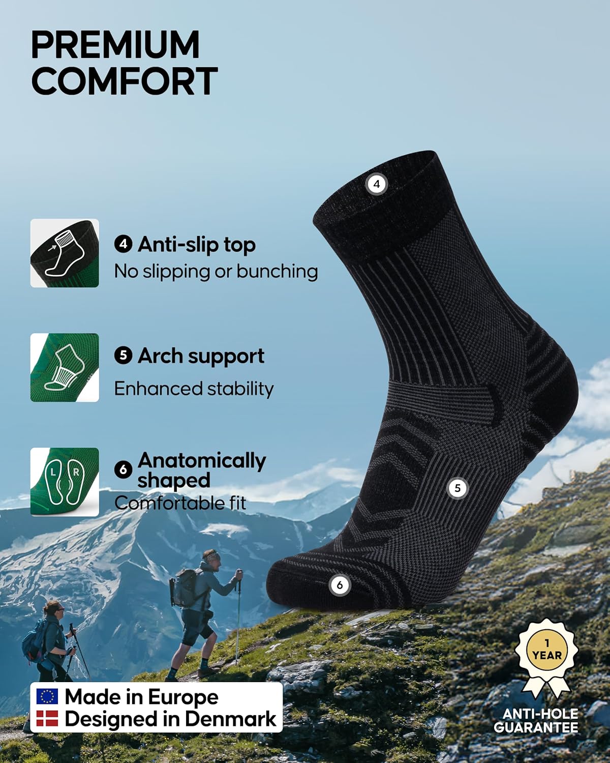Thumbnail 2 de DANISH ENDURANCE Hiking Socks, Lightweight Merino Wool – Unisex Pack (3 or 5 Pairs)