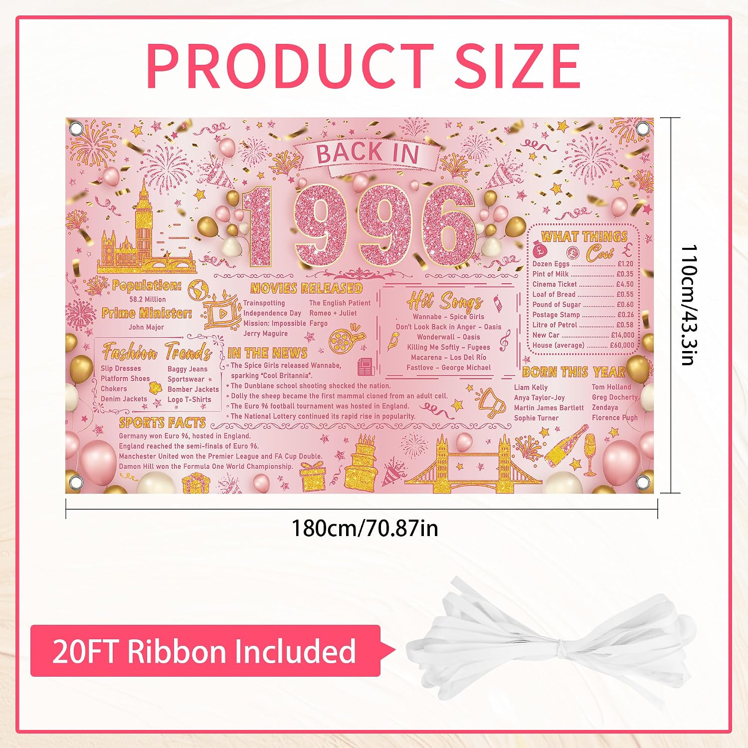 Thumbnail 1 de 30th Birthday Decorations for Women: Pink Gold Retro 1996 Backdrop Banner