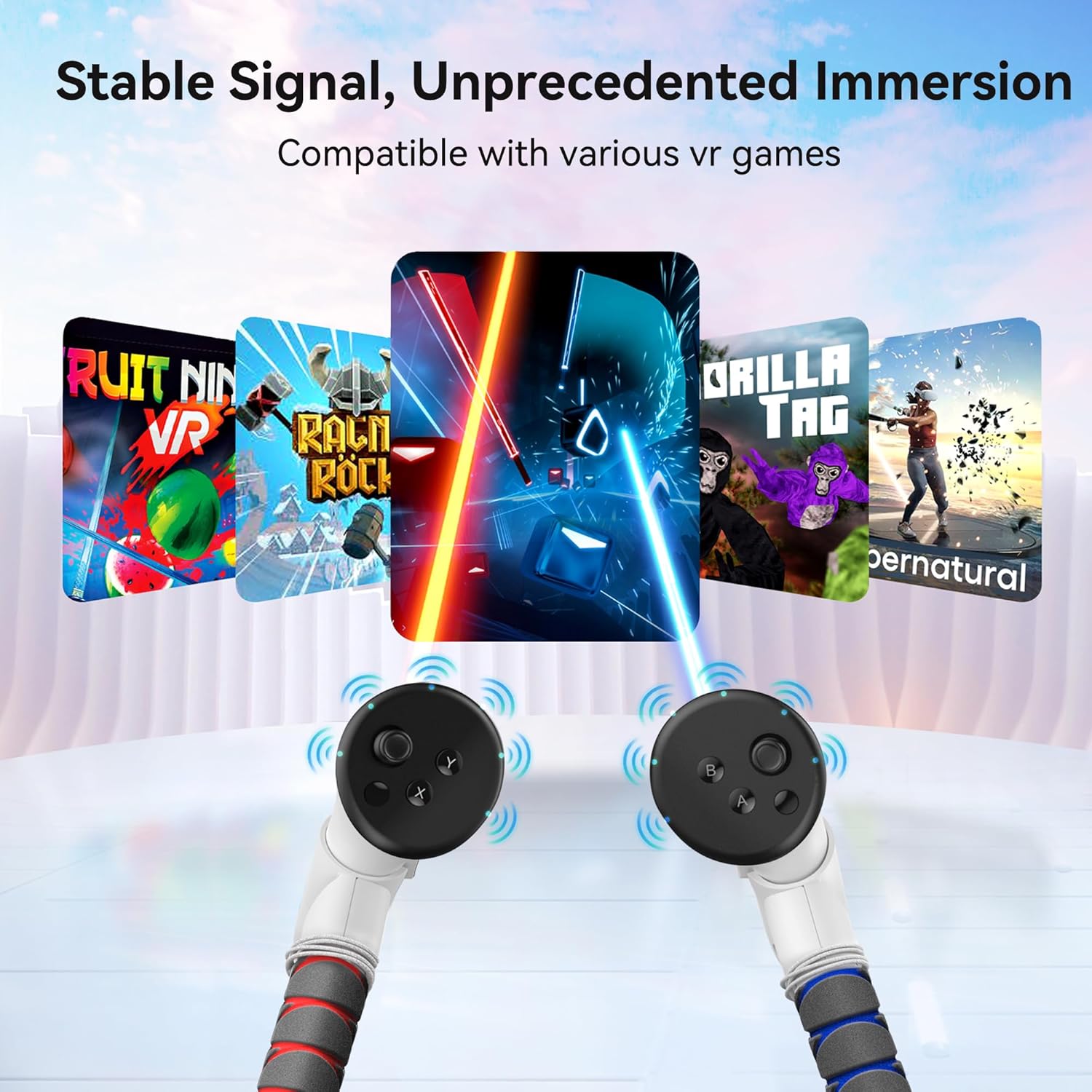 Detalle de AMVR Upgraded Handle Attachment for Meta/Oculus Quest 3S and Quest 3 controllers (3-in-1 long grips)