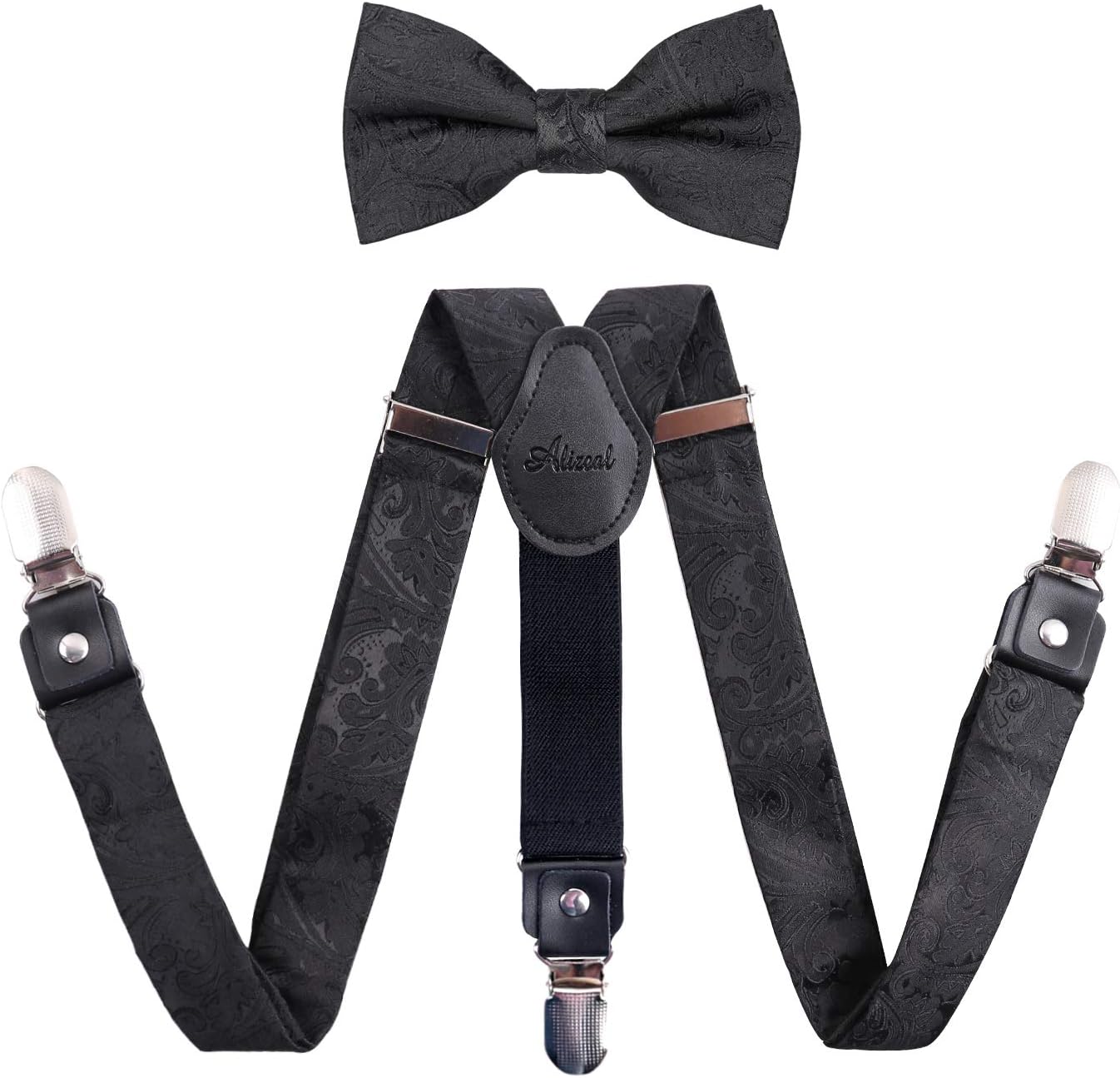 Detalle 2 de Alizeal Boys Adjustable Floral Paisley Pre-tied Bow Tie and Y Shape 3 Clips Braces Set