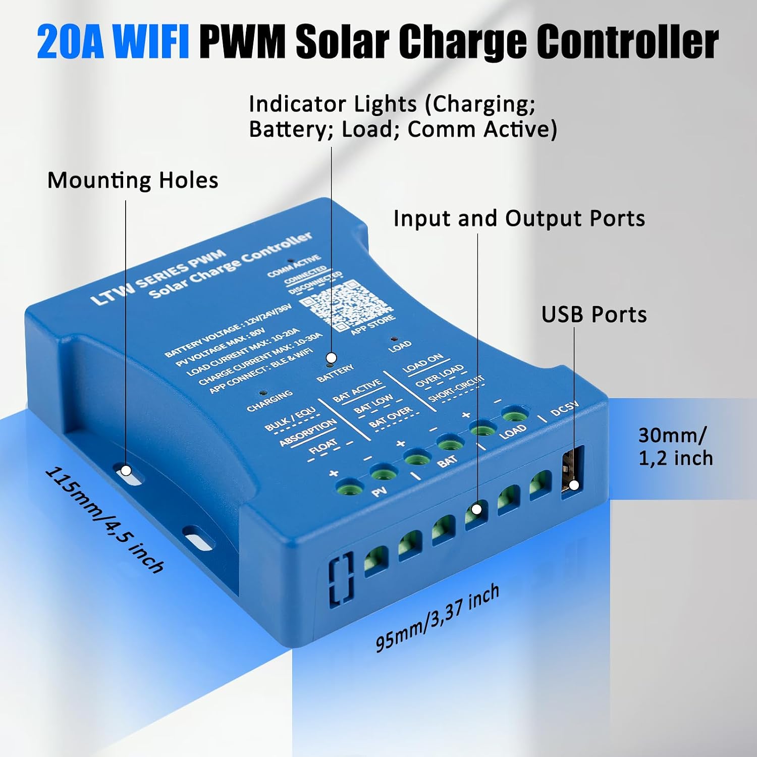 Detalle de KWODE KWO-20A WIFI zonnelaadregelaar 20A met Bluetooth, wifi en PWM