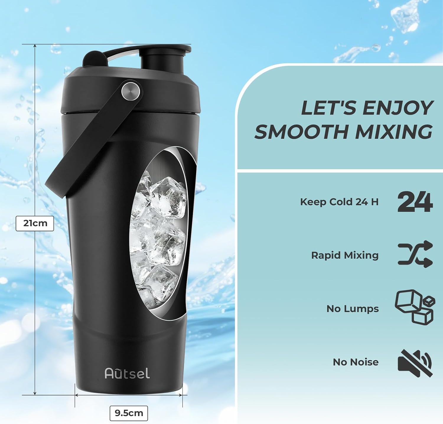 Detalle 2 de Autsel Edelstahl Protein Shaker 750 ml – Auslaufsicher, BPA frei, Schwarz