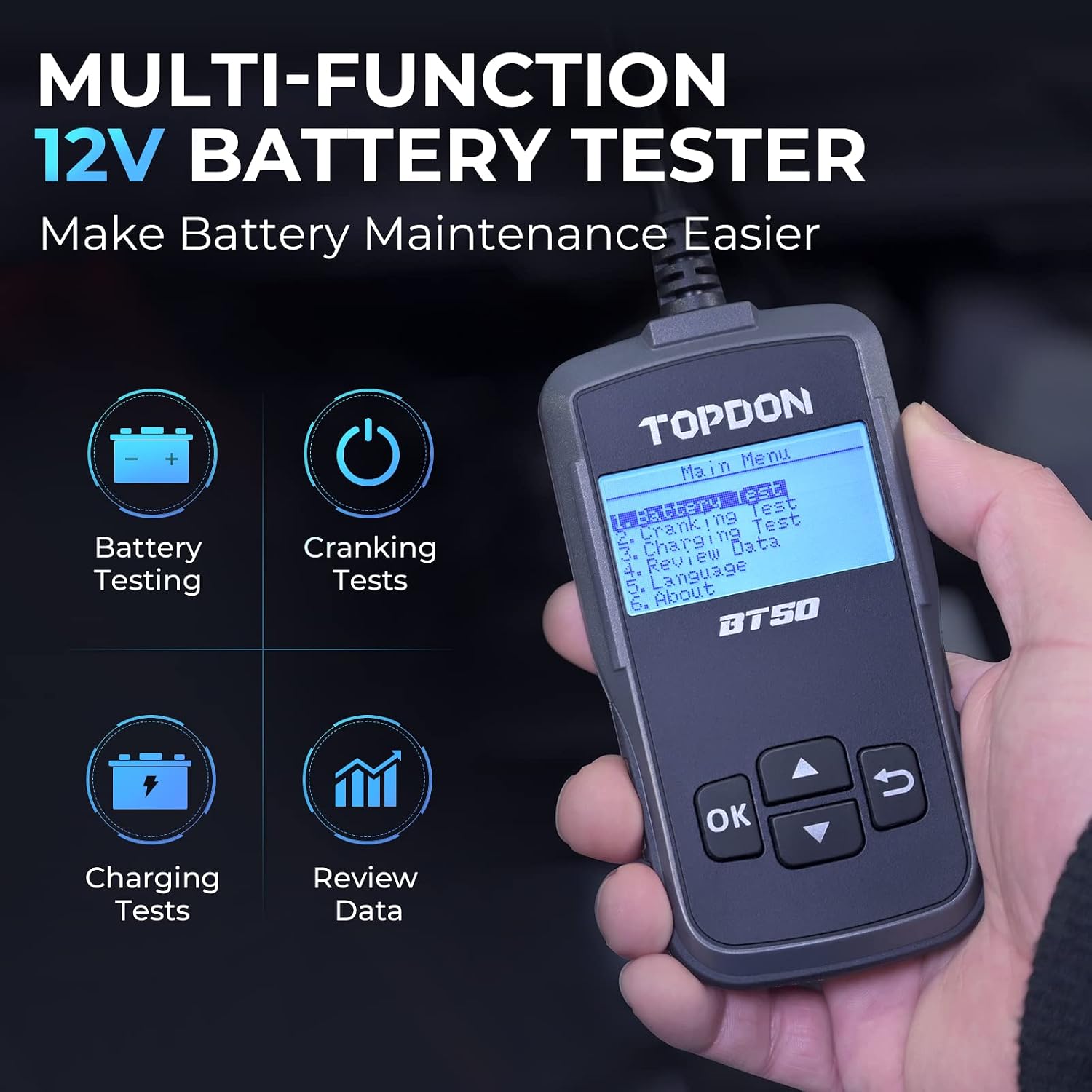 Thumbnail 1 de TOPDON BT50 12V Car Battery Tester — Upgraded 100-2000 CCA Load Tester for Cranking and Charging Systems
