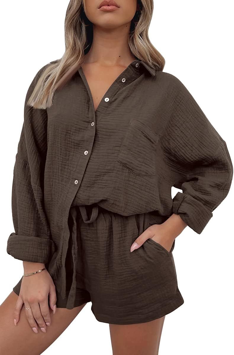 Detalle de AUTOMET 2-Piece Women's Lounge Set – Oversized Cotton Pajama Top & Shorts