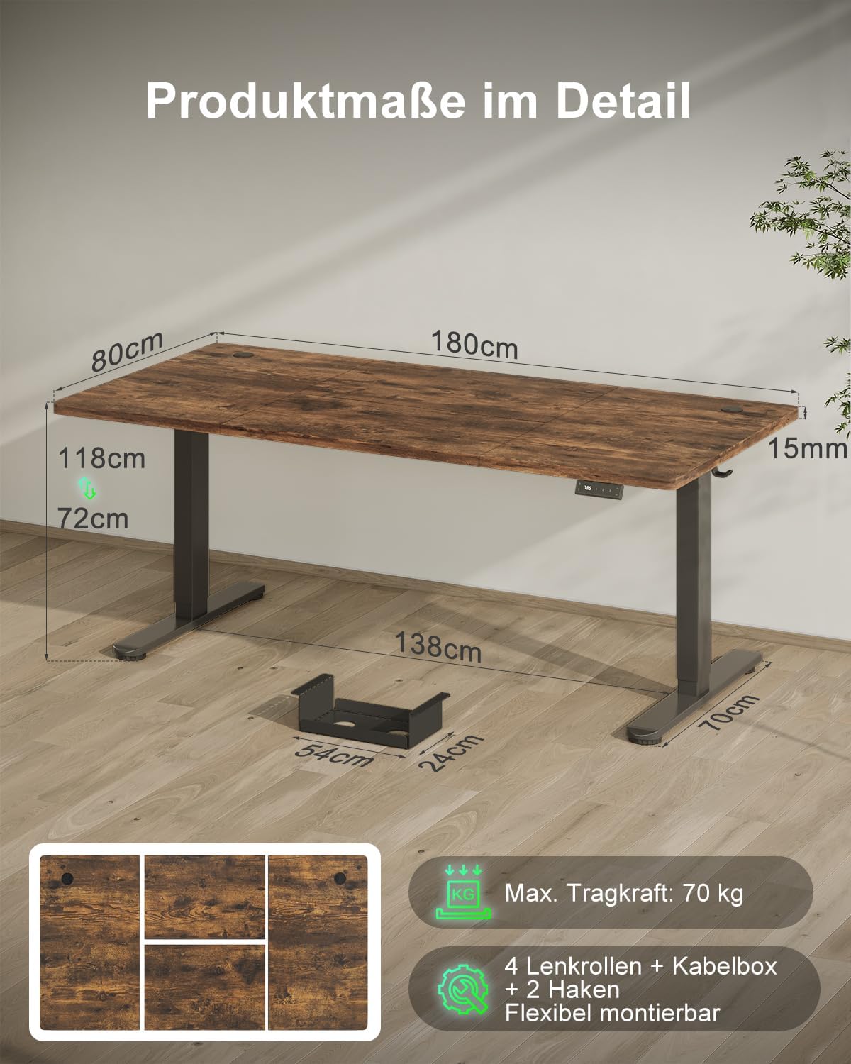 Thumbnail 1 de Devoko Höhenverstellbarer Schreibtisch 180×80 cm mit Typ-C Ladeanschluss – elektrisch höhenverstellbar, Vintage-Braun