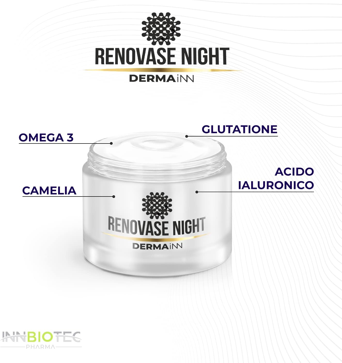 Detalle de Renovase Night Crema Notte Viso Antirughe per Uomo e Donna con Acido Ialuronico, Acil Glutatione e Omega 3