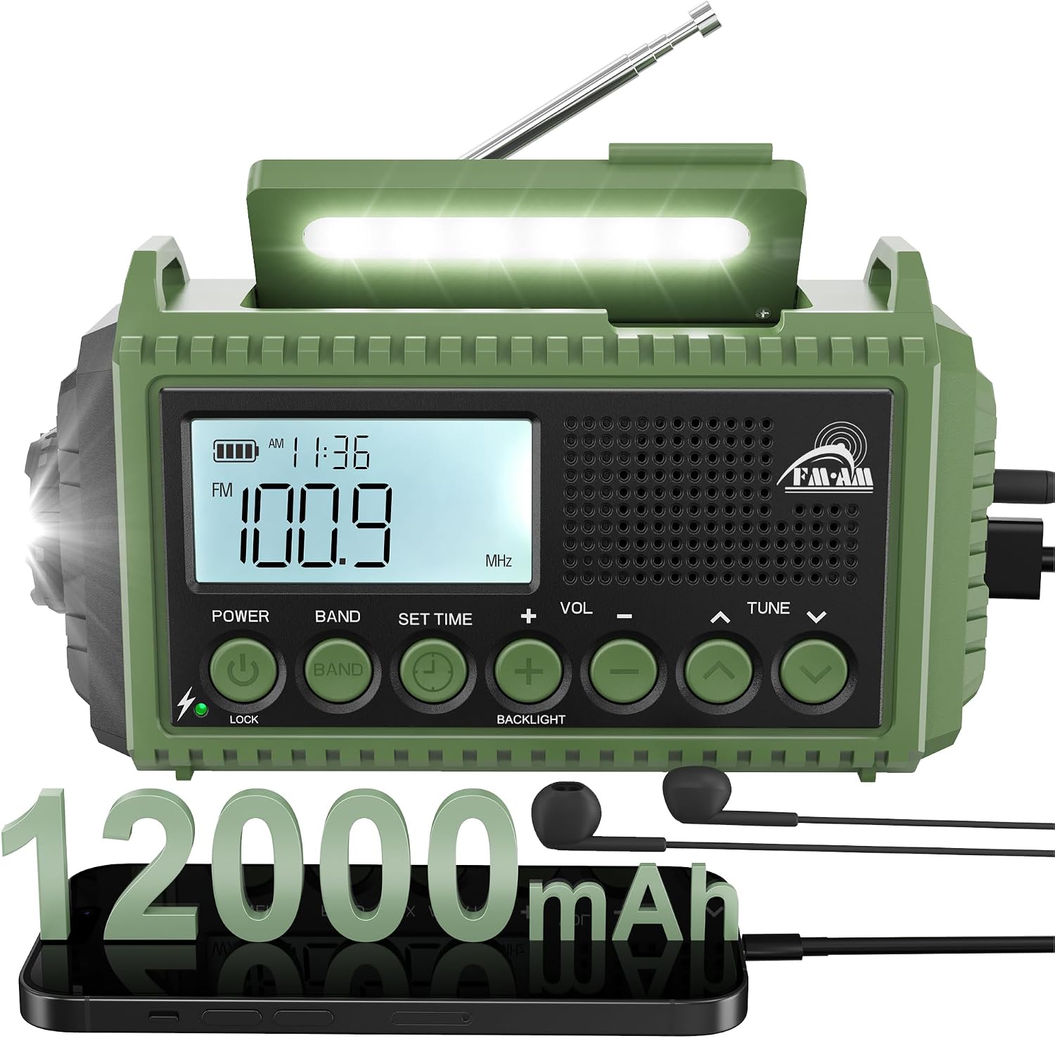 Detalle de ROCAM 1009UItra Emergency Radio, 12,000 mAh, Solar, Crank and USB-C