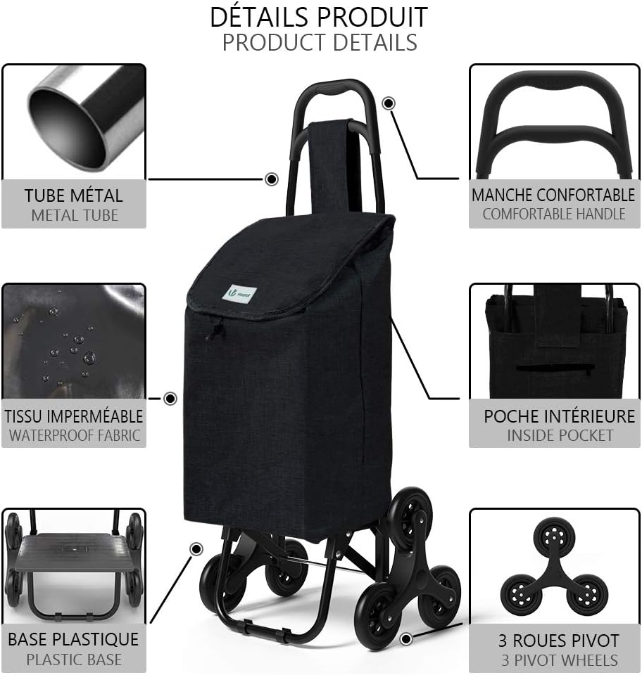 Detalle de VOUNOT Chariot de Courses 6 Roues avec Compartiment Imperméable — 2 en 1, 32 L, pliable