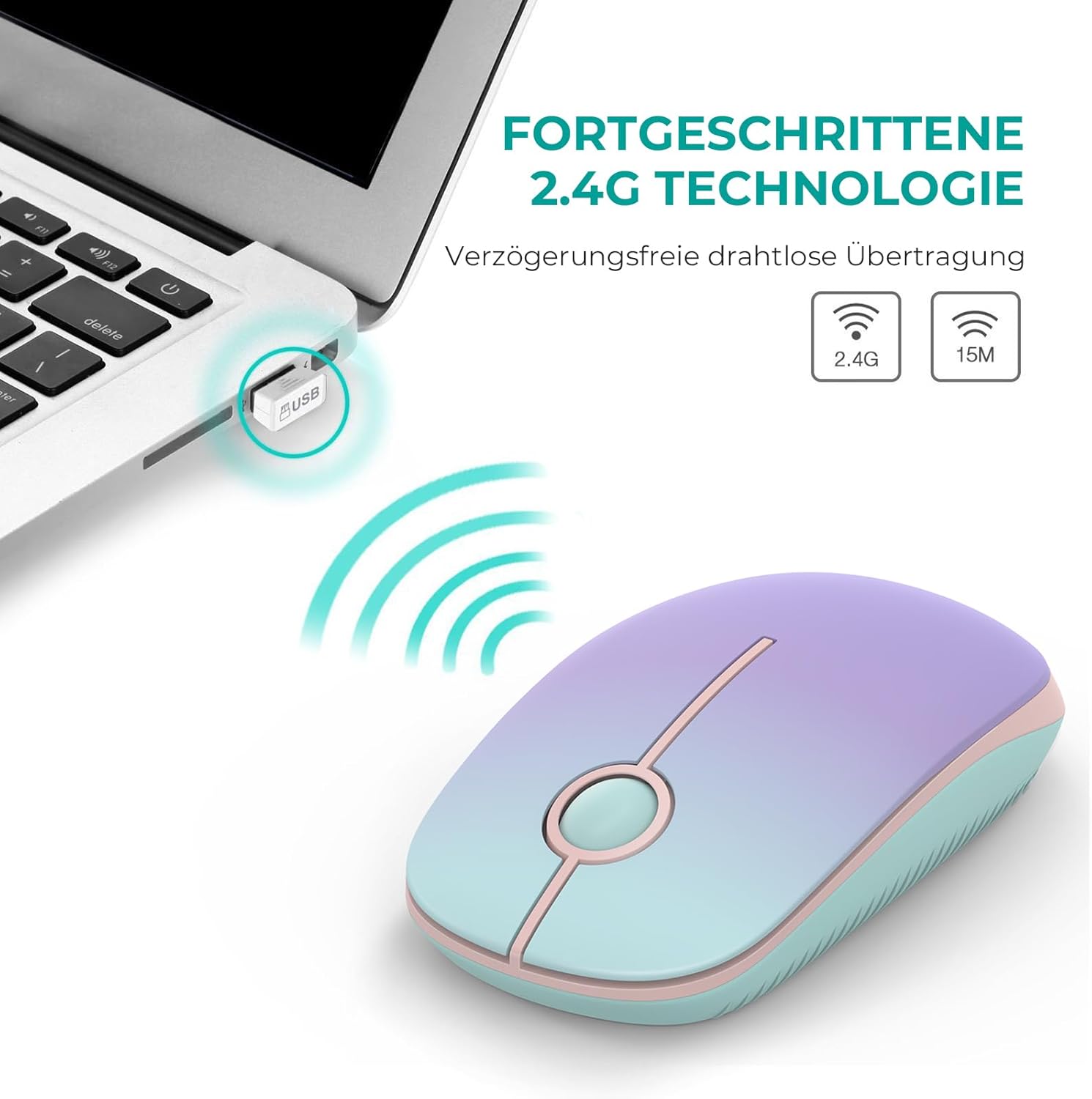 Detalle de Seenda kabellose Maus 2,4G, 1600 DPI – leise, rechts- und linksseitig nutzbar, 18 Monate Akkulaufzeit (Grün & Lila)
