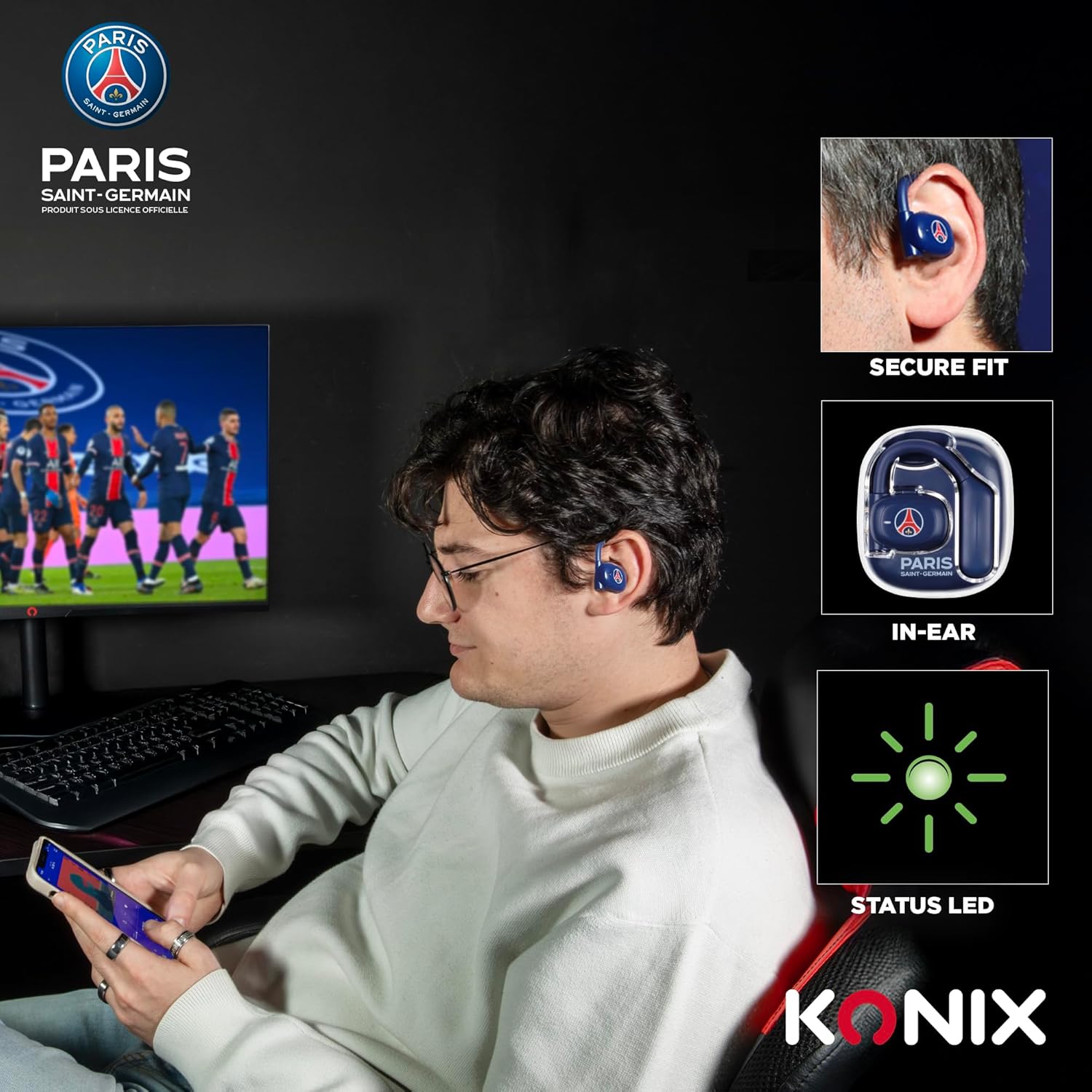 Detalle de Konix PSG Écouteurs Oreillette Sport Sans Fil – Bluetooth 5.3, 12 h, Bleu