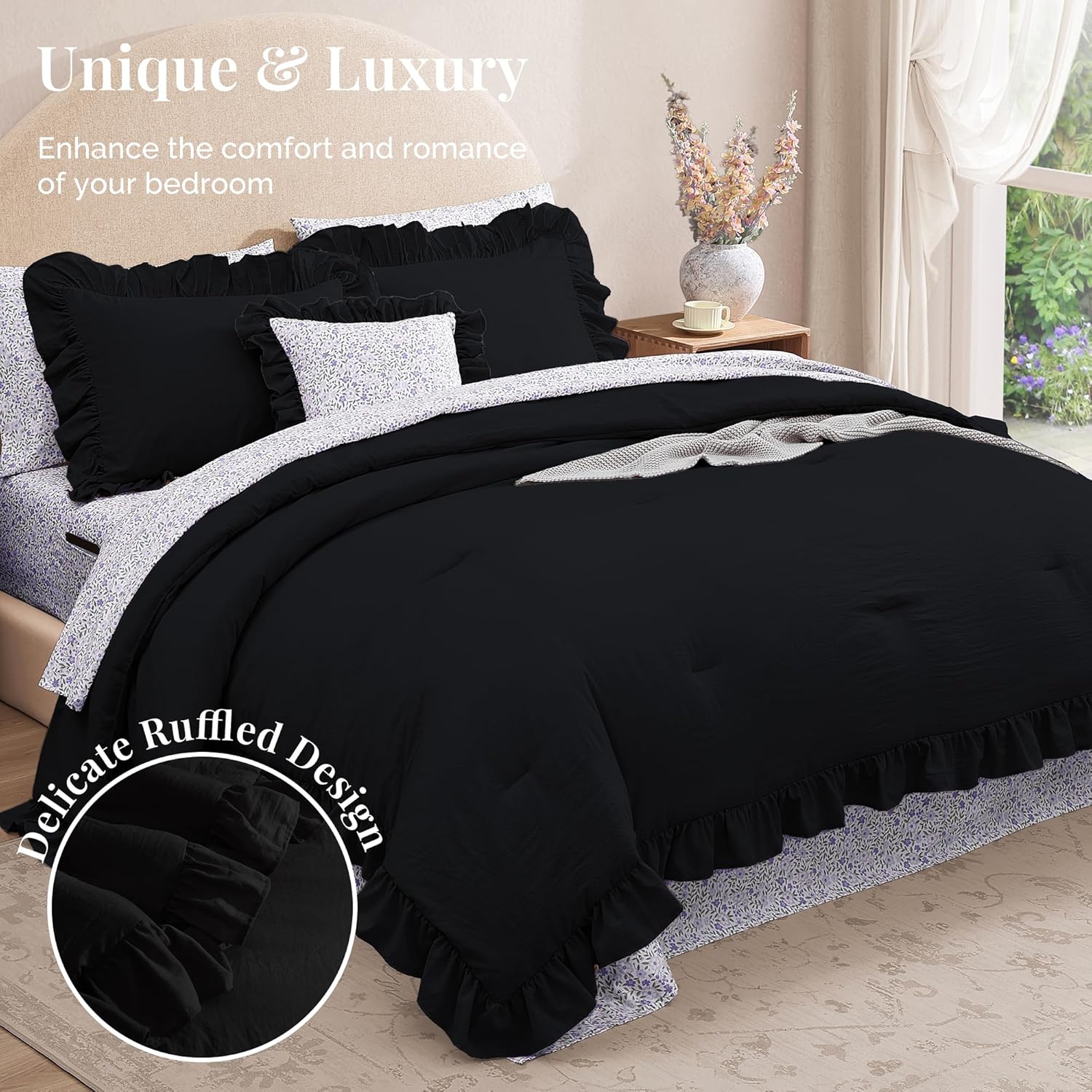 Thumbnail 1 de BLOOMHAVEN Queen Comforter Set - 7 Pieces with Ruffle Edge, Floral Black Bedding