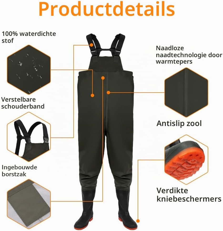 Detalle de AUYAO waadbroek met laarzen van PVC, gelaste naden en antislipzool