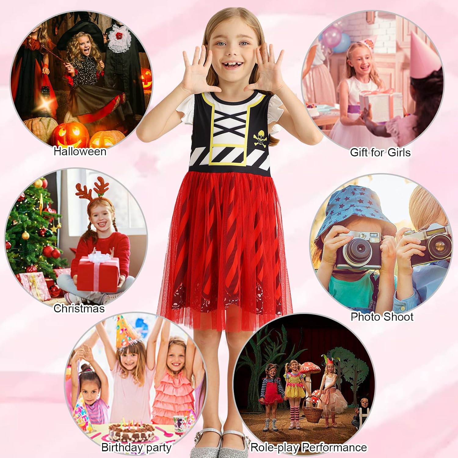 Detalle de HenzWorld Girls Pirate Costume Flutter-Sleeve Tulle Dress for Kids