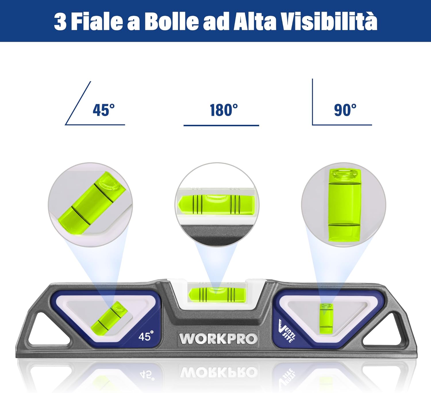 Thumbnail 2 de WORKPRO Livella Magnetica 25 cm con 3 Bolle: Precisione 0,5 mm/m, design Verti-Site e magnete potente