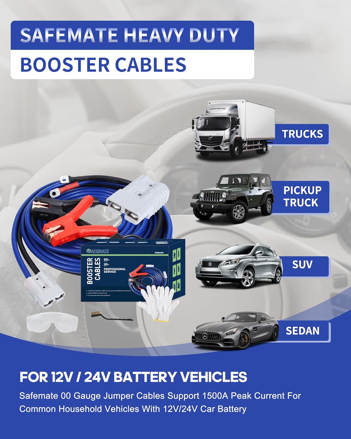 Thumbnail 6 de SAFEMATE 2/0 Gauge 30 Ft Heavy Duty Jumper Cables — 1500A Booster for Cars, SUVs, and Trucks