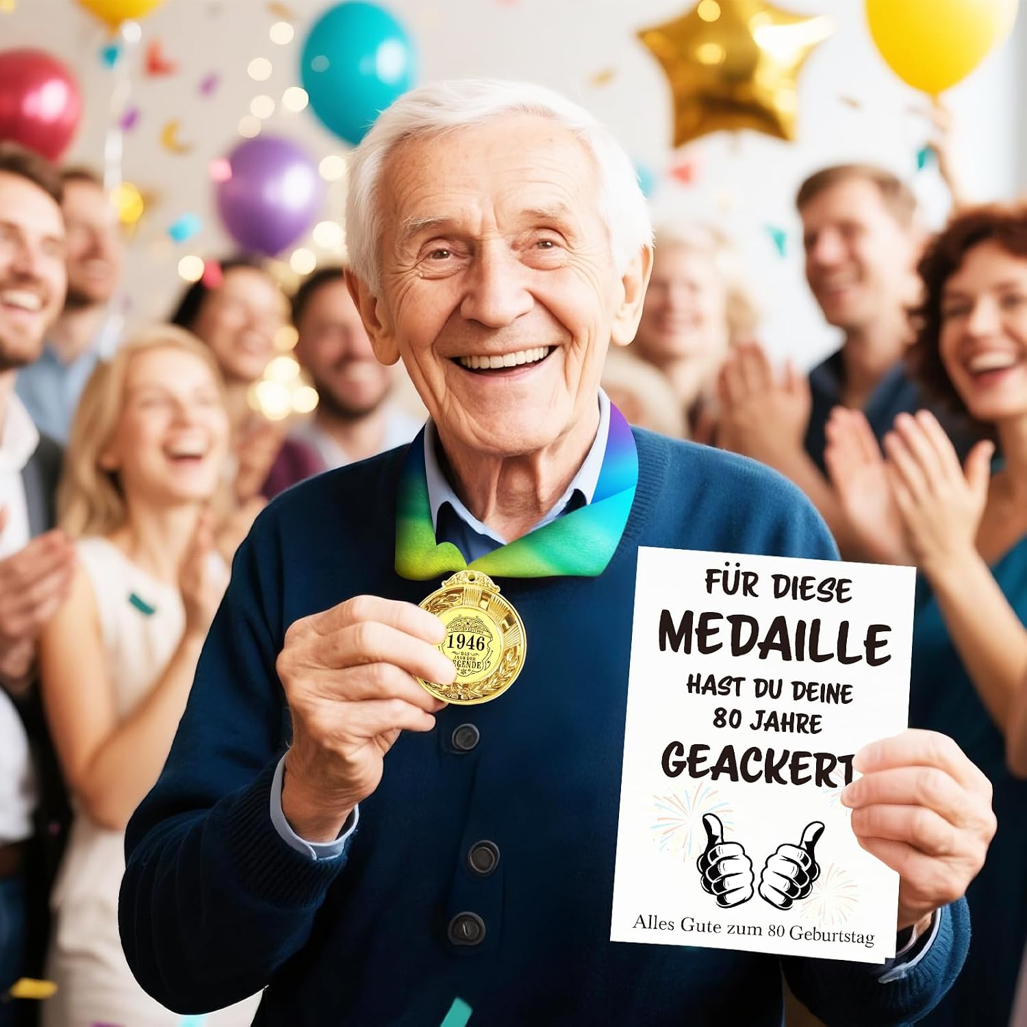 Detalle 2 de WenmthG Geschenkset zum 80. Geburtstag mit Medaille und Geburtstagskarte (Umschlag inklusive)