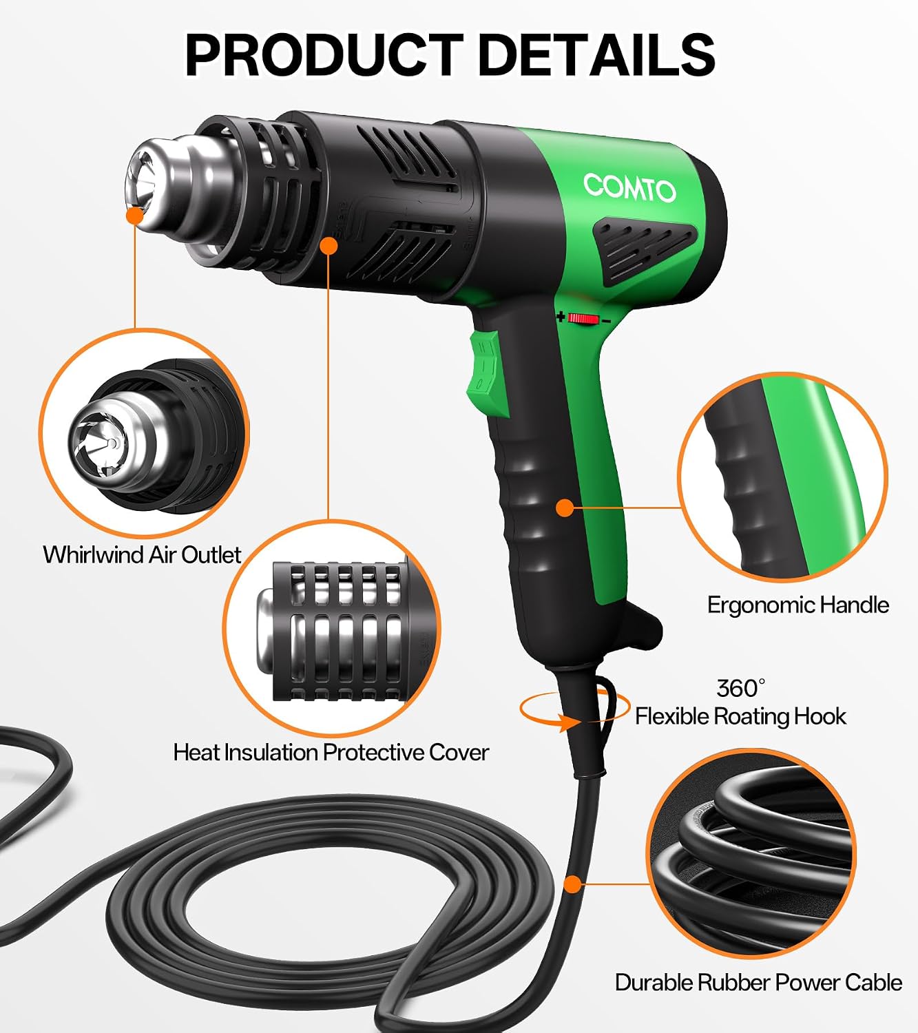 Detalle 1 de COMTO 1800W Heat Gun with Variable Temperature, 4 Nozzles and PA66 Housing