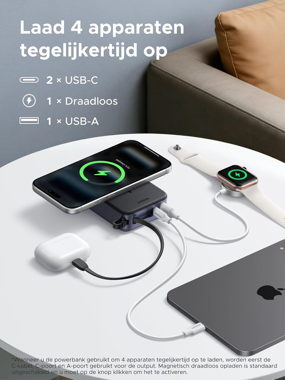 Detalle 2 de UGREEN Zapix PB567 powerbank 20.000 mAh met Qi2 15W en USB-C 30W