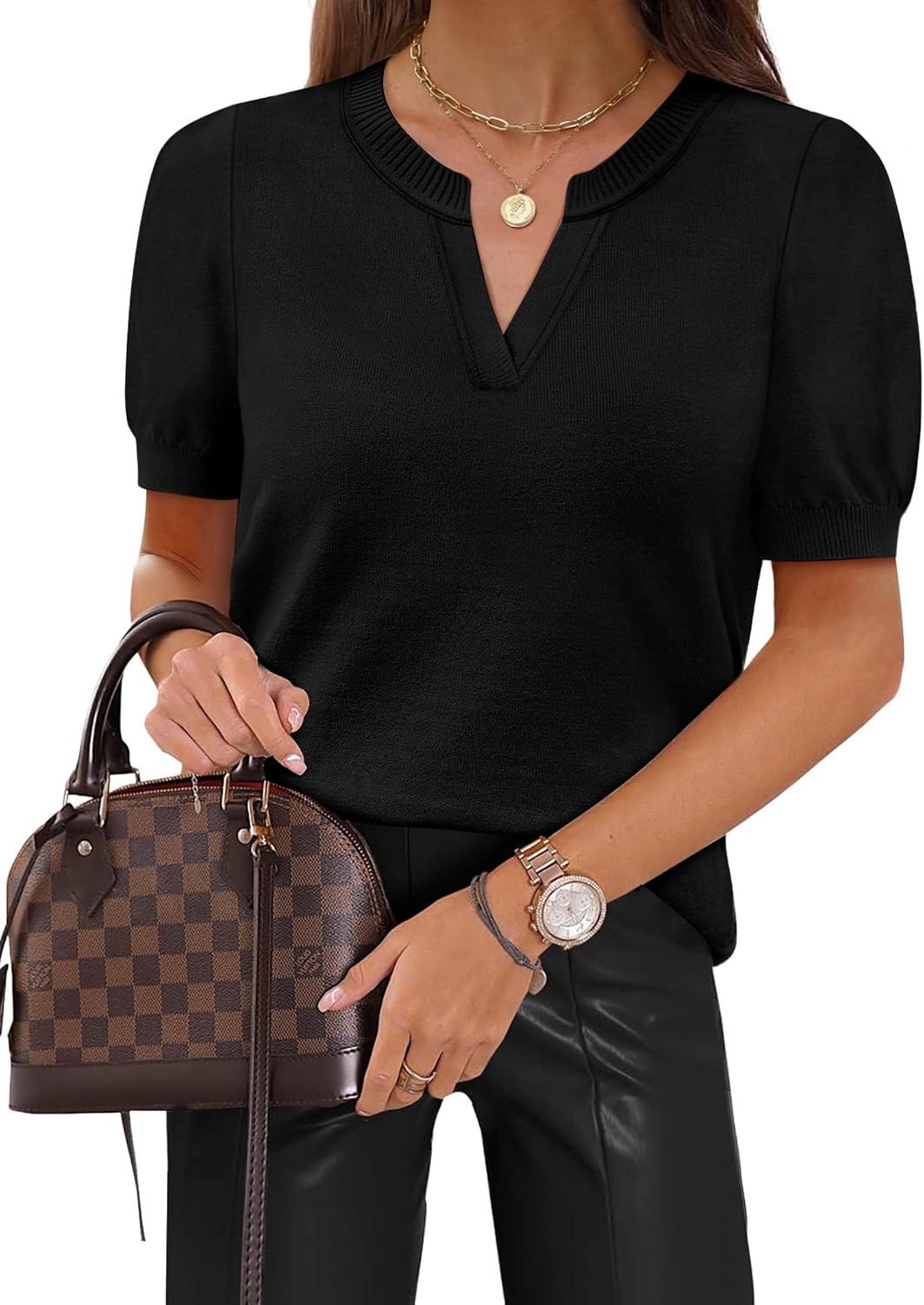 Thumbnail 6 de WIHOLL Short Sleeve Sweater Tops - 2026 Spring/Summer Knit, V-Neck Business Casual Essential