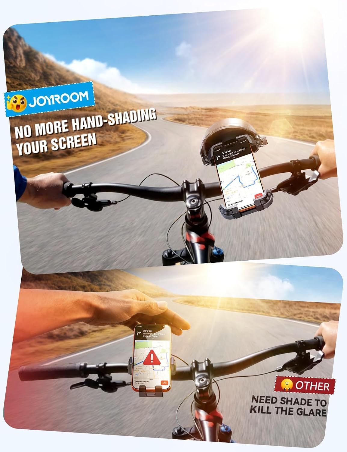 Detalle de JOYROOM Bike Phone Holder Mount with Sunshade and Full Silicone Protection (4.7–7 in phones)