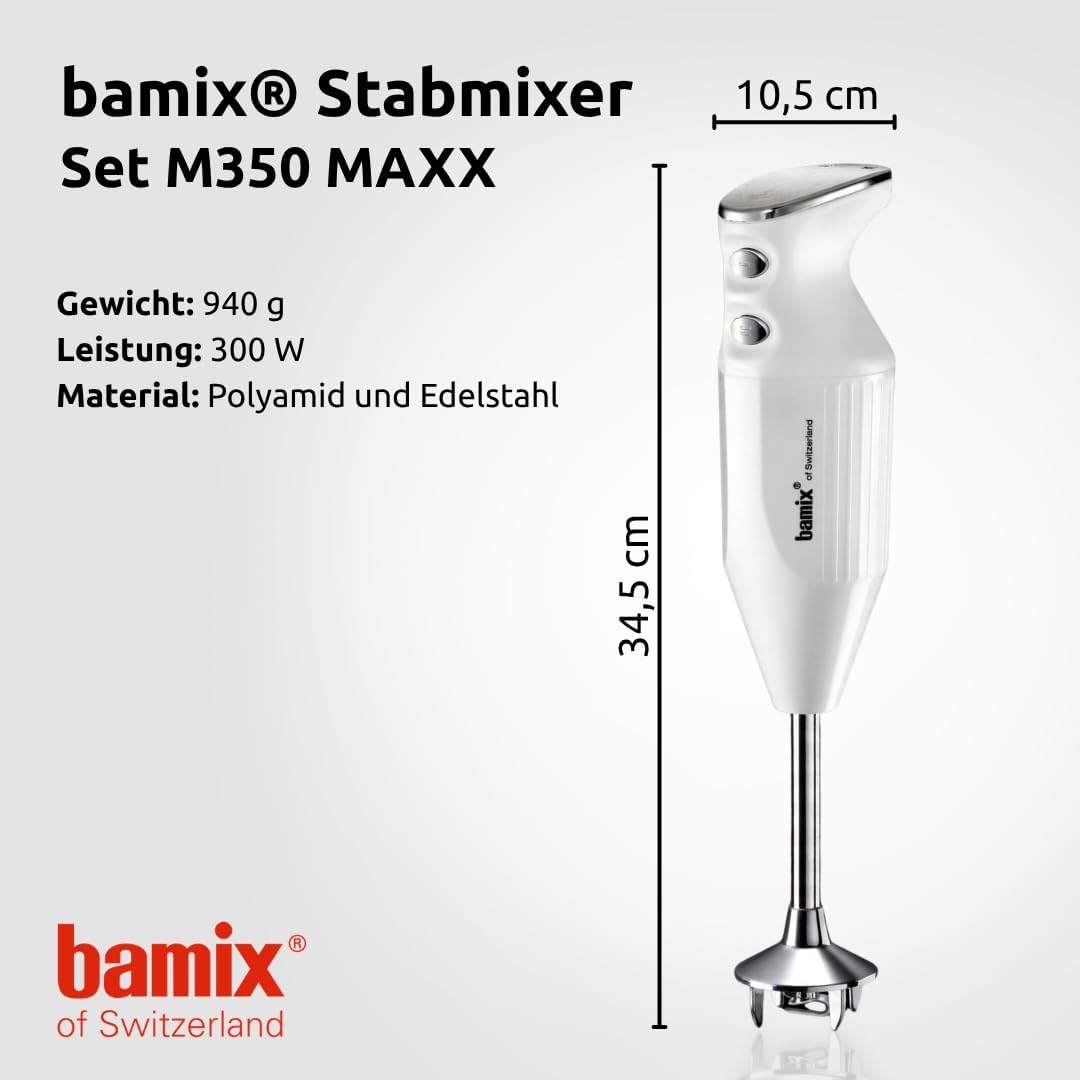 Thumbnail 2 de bamix Stabmixer Set M350 MAXX (300 Watt) mit Multifunktions-, Fleisch- & Gemüsemesser, Quirl und Schlagscheibe – Weiß/Chrom
