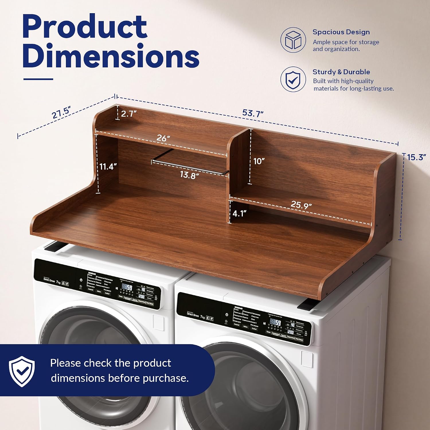Thumbnail 1 de DTK w-hr Washer Dryer Countertop with 2-Tier Shelf and Clothes Rail, Walnut